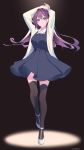  1girl amopui arms_up black_dress blue_eyes breasts dress floating_hair highres long_hair looking_at_viewer medium_breasts original purple_hair solo thighhighs 