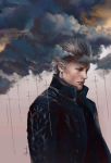  1boy absurdres black_vest blue_coat closed_mouth cloud coat commentary devil_may_cry_5 frown grey_eyes highres lizzart-zardonicz looking_away male_focus short_hair signature silver_hair solo trench_coat upper_body vergil vest 