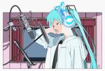  black_shirt cat_ear_headphones closed_eyes commentary curtains edoya_inuhachi english_commentary from_side hair_ornament hands_on_headphones hatsune_miku headphones highres hood hooded_jacket indoors jacket long_hair microphone music music_stand open_mouth recording_studio shirt singing twintails upper_body very_long_hair vocaloid white_jacket 