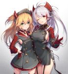  2girls ;d absurdres admiral_hipper_(azur_lane) ahoge antenna_hair armpit_cutout azur_lane bangs blonde_hair blush breasts brown_hair choker clothing_cutout eyebrows_visible_through_hair garter_straps gloves green_eyes hair_between_eyes headgear highres iron_cross large_breasts leotard long_hair long_sleeves looking_at_viewer mole mole_under_eye multicolored_hair multiple_girls one_eye_closed open_mouth prinz_eugen_(azur_lane) red_hair satsuma_imohen silver_hair small_breasts smile streaked_hair thighhighs two_side_up very_long_hair 