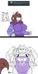  alternate_species anthro ask_blog big_breasts bodily_fluids boss_monster bovid breasts brown_hair caprine clothed clothing comic duo english_text female fur goat hair hi_res horn huge_breasts long_ears long_hair mammal protagonist_(undertale) robertge simple_background text toriel undertale video_games white_background white_body white_fur 