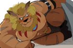  abs anthro bed_sheet bedding belt big_bulge big_muscles black_thong blonde_mane blonde_pubes blue_eyes blush brown_body brown_fur bulge clothed clothing digimon digimon_(species) ear_piercing ear_ring fur genitals hyaku_(artist) inviting leomon looking_at_viewer lying male male_anthro mane muscular muscular_anthro muscular_male navel nipples on_side orange_body orange_fur orange_penis pecs pendant penis piercing pubes scar simple_background solo underwear underwear_only white_background 