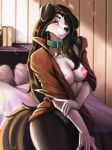  anthro bed black_hair border_collie breasts canid canine canis clothed clothing collar collie collie_(mal-and-collie) domestic_dog female fluffy fluffy_tail furniture hair hair_over_eye half-closed_eyes herding_dog hi_res inside jacket long_hair looking_at_viewer mammal narrowed_eyes nipples o.z.y. one_eye_obstructed open_clothing open_jacket open_topwear panties pastoral_dog sheepdog smile solo topwear underwear wide_hips yellow_eyes 