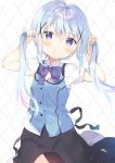  1girl :o bangs black_skirt blue_bow blue_hair blue_vest blush bow bunching_hair collared_shirt commentary_request dotted_line eyebrows_visible_through_hair gochuumon_wa_usagi_desu_ka? hair_between_eyes hair_ornament hands_up kafuu_chino long_hair looking_at_viewer parted_lips puffy_short_sleeves puffy_sleeves purple_eyes rabbit_house_uniform shirt short_sleeves skirt solo twintails uniform very_long_hair vest waitress white_background white_shirt x_hair_ornament yuizaki_kazuya 