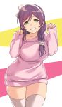  1girl braid clenched_teeth deyuuku green_eyes hairband hands_up long_sleeves looking_at_viewer love_live! love_live!_school_idol_project pink_sweater single_braid smile solo sweater teeth thighhighs thighs toujou_nozomi white_hairband white_legwear 