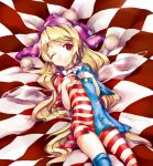  1girl absurdres american_flag_dress bed_sheet blonde_hair blue_dress blue_legwear breasts clownpiece commentary_request covering covering_breasts dress fairy_wings hat highres jester_cap long_hair lying murachiki neck_ruff on_back one_eye_closed polka_dot purple_headwear red_dress red_eyes red_legwear short_sleeves small_breasts solo star_cutout touhou transparent_wings very_long_hair wings 