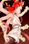 1boy belt black_legwear bracelet clenched_hands cowboy_shot double_bun drruraguchi extra_arms fiery_hair highres jewelry legwear_under_shorts male_focus nezha_(the_legend_of_luoxiaohei) profile red_eyes red_hair shirt_tucked_in shorts solo tank_top the_legend_of_luo_xiaohei white_shorts white_tank_top 