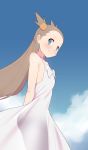 1girl aqua_eyes arms_behind_back bare_arms blush bow brown_hair closed_mouth cloud commentary_request day dress dress_bow hair_bobbles hair_ornament highres jasmine_(pokemon) long_hair looking_to_the_side maidforge no_pupils outdoors pokemon pokemon_(game) pokemon_gsc sky smile solo white_dress 