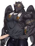  &lt;3 5_fingers aaassstaro areola armpit_tuft biceps big_muscles big_nipples black_body black_feathers black_fur black_skin black_tail black_tank_top black_wings bodily_fluids breasts bulge claws clothed clothing ear_tuft erect_nipples eye_patch eyebrows eyewear facial_markings feathers fingers fur genital_outline glistening glistening_body green_eyes grey_areola grey_nipples hand_under_shirt head_markings huge_muscles latex_legwear light_skin male markings muscular nipples one_eye_closed open_mouth pecs penis_outline pink_tongue scar serratus sharp_teeth side_boob simple_background skimpy solo_focus standing sweat sweatdrop teeth tezcatlipoca three-quarter_view tokyo_afterschool_summoners tongue triceps tuft v-cut video_games white_background white_body white_eyebrows white_fur wings yellow_body yellow_fur 