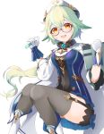  1girl absurdres beret blue_dress book boots cape detached_sleeves dress fur_trim genshin_impact glasses gloves gold_trim green_hair hat highres hinataa looking_at_viewer multicolored_hair ponytail shorts shorts_under_skirt smile sucrose_(genshin_impact) thighhighs vial yellow_eyes 