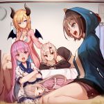  5girls bare_shoulders bed blonde_hair blue_eyes blue_hoodie breasts brown_hair cleavage collarbone commentary_request demon_girl demon_wings eyebrows_visible_through_hair hair_between_eyes highres hololive horns indoors lap_pillow long_hair looking_at_another lying medium_breasts minato_aqua multiple_girls murasaki_shion nakiri_ayame off-shoulder_shirt off_shoulder on_stomach oni_horns oozora_subaru pajamas pink_hair purple_eyes red_eyes shirt short_hair short_shorts shorts silver_hair sitting sleeping sue_(bg-bros) virtual_youtuber wariza wings yuzuki_choco 