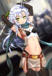  1girl antenna_hair armpits arms_up black_bra black_gloves black_legwear blurry bra breasts cowboy_shot crop_top dagger depth_of_field eiyuu_densetsu elbow_gloves esther fie_claussell fingerless_gloves gloves green_eyes highleg long_hair looking_at_viewer midriff miniskirt navel o-ring o-ring_top scarf sen_no_kiseki shirt side_slit skirt sleeveless sleeveless_shirt small_breasts solo standing stomach thighhighs underwear vest weapon white_hair white_shirt white_skirt 