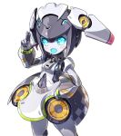  1girl blue_eyes commentary dia_(world_flipper) finger_gun hand_on_hip humanoid_robot looking_to_the_side mechanical_skirt metal_skin open_mouth robot solo taedu white_background world_flipper 