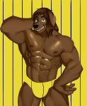  abs anthro biceps big_muscles canid canine canis doggonut domestic_dog fur hair hi_res looking_at_viewer male mammal muscular muscular_anthro muscular_male nipples nude pecs simple_background smile solo 
