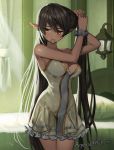 1girl adjusting_hair armpits bare_shoulders bed bedroom black_hair breasts cleavage closed_mouth curtains dark_elf dark_skin dress elf grey_scrunchie large_breasts long_hair looking_to_the_side mouth_hold original pillow pointy_ears scrunchie solaris_(sinhyg) solo standing thighs very_long_hair white_dress wrist_scrunchie yellow_eyes 