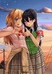  2girls absurdres aihara_mei aihara_yuzu armband bangs black_hair black_neckwear blonde_hair bow bowtie braid brown_skirt brown_sweater buttons citrus_(saburouta) clothes_around_waist cloud fingernails green_eyes green_shirt green_sweater_vest hair_between_eyes hand_on_another&#039;s_back highres long_hair multiple_girls necktie open_mouth outdoors pink_nails pink_shirt plaid plaid_skirt power_lines purple_eyes red_neckwear school_uniform shirt skirt sky step-siblings sweater sweater_around_waist sweater_vest sweet_reverie utility_pole wife_and_wife yuri 