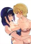  2girls bare_shoulders blonde_hair blue_bra blue_hair bra breasts brown_eyes cleavage collarbone hairband harumi_hana ichihara_chiaki konbu_wakame large_breasts looking_at_another medium_hair multiple_girls panties pink_bra pink_panties purple_eyes short_hair small_breasts underwear watermark yuri 