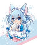  1girl alternate_costume animal_ear_fluff animal_ears apron bangs blue_bow blue_eyes bow braid character_name covered_mouth eyebrows_visible_through_hair firuo_(king_fish) hair_between_eyes hair_bow holding holding_plate koyomi_(shironeko_project) light_blue_hair looking_at_viewer maid maid_apron maid_headdress paw_print pink_legwear plate shironeko_project sitting solo tail thick_eyebrows twin_braids wariza wolf_ears wolf_girl wolf_tail 