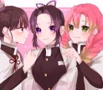  3girls black_hair gradient_hair green_eyes green_hair kanroji_mitsuri kimetsu_no_yaiba kochou_shinobu light_blush looking_at_another looking_at_viewer mii_(user_pjsy4752) multicolored_hair multiple_girls pink_eyes pink_hair purple_eyes purple_hair smile tsuyuri_kanao 