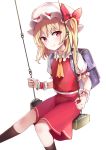 1girl absurdres backpack bag bangs black_legwear blonde_hair blush calf_socks character_name commentary cravat eyebrows_visible_through_hair feet_out_of_frame flandre_scarlet flat_chest hat hat_ribbon highres leg_lift looking_at_viewer mob_cap one_side_up puffy_short_sleeves puffy_sleeves randoseru red_eyes red_skirt red_vest ribbon satori_(pixiv) shirt short_hair short_sleeves simple_background sitting skirt smile solo swing touhou vest white_background white_headwear white_shirt wrist_cuffs yellow_neckwear 