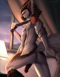 anthro anus avian beak bird bodily_fluids bottomless butt clothed clothing erection feathers genital_fluids genitals half-closed_eyes hi_res inside lamp looking_at_viewer male narrowed_eyes neck_tuft necktie o.z.y. owl pants_down partially_clothed penis precum solo tail_feathers tuft unbuttoned_shirt 