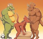  abs anal anal_penetration anthro balls belly bent_over big_belly big_dom_small_sub brown_body ceratopsian crown dinosaur dragon elfein fellatio genitals gradient_background green_body group group_sex horn male male/male male_penetrated male_penetrating male_penetrating_male musclegut muscular muscular_male navel nude oral orange_background ornithischian penetration penile penis red_body reptile scalie scar sex sharp_teeth simple_background size_difference spitroast teeth thick_thighs threesome tongue tongue_out triceratops yellow_sclera 