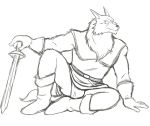  anthro belt black_and_white boots briefs bulge canid canine canis clothing dilgear_(character) footwear male mammal melee_weapon monochrome simple_background sitting sketch solo sword teeth_showing thegreatmatsutzu tunic underwear weapon white_background wolf 