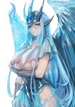  1girl :| arm_under_breasts blue_hair bow_(bhp) breasts closed_mouth cowboy_shot dragon_girl dragon_wings expressionless glaring horns large_breasts long_hair looking_at_viewer monster_hunter monster_hunter:_world personification see-through_dress simple_background slit_pupils velkhana white_background wings yellow_eyes 