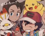  2boys ash_ketchum bangs baseball_cap black_hair blue_eyes blush brown_eyes brown_hair closed_mouth commentary_request eyelashes gen_1_pokemon gen_8_pokemon goh_(pokemon) grey_background hair_ornament hat holding holding_pokemon multiple_boys on_head one_eye_closed pikachu pokemon pokemon_(anime) pokemon_(creature) pokemon_on_arm pokemon_on_head pokemon_swsh_(anime) rechain scorbunny shirt short_sleeves starter_pokemon teeth translation_request white_shirt 