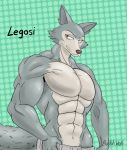  2020 abs anthro athletic athletic_anthro athletic_male beastars biceps bottomwear bustuhwolf canid canine canis clothed clothing countershade_face countershade_torso countershading digital_media_(artwork) fur grey_body grey_bottomwear grey_clothing grey_fur hand_on_hip hi_res legoshi_(beastars) looking_at_viewer male mammal muscular muscular_anthro muscular_male pecs smile solo topless topless_male wolf 
