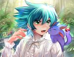  1boy :3 :d blue_hair creature creature_on_shoulder crystal_beast_ruby_carbuncle duel_monster forest green_eyes johan_andersen long_sleeves male_focus nature neck_ribbon on_shoulder open_mouth ribbon shirt short_hair sk816 smile white_shirt yu-gi-oh! yu-gi-oh!_gx 