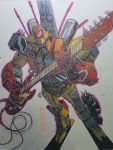  1boy alex_milne commission english_commentary facial_hair guitar highres holding holding_instrument instrument mecha music mustache no_humans playing_instrument red_eyes smirk solo the_transformers_(idw) traditional_media transformers wreck-gar 