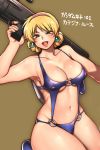  1girl blonde_hair blue_swimsuit breasts brown_eyes cameltoe covered_nipples earrings gundam hairband holding holding_weapon jewelry katejina_loos kneeling large_breasts minnnaorenoyome navel o-ring open_mouth simple_background slingshot_swimsuit solo swimsuit thick_eyebrows thick_thighs thighs victory_gundam weapon 
