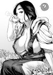  1girl ? breasts cleavage commentary_request cup drinking field freckles gesogeso greyscale highres holding holding_cup japanese_clothes kimono large_breasts long_hair monochrome nipple_slip nipples original outdoors sitting tasuki 