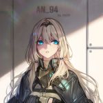  1girl an-94_(girls_frontline) black_coat black_gloves blonde_hair blue_eyes chyan circlet coat gas_mask girls_frontline gloves half_gloves highres long_hair looking_to_the_side mask mask_removed parted_lips solo upper_body 