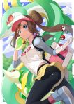  1girl bag black_legwear blue_eyes breasts brown_hair cloud commentary_request day floating_hair gen_5_pokemon handbag highres legwear_under_shorts long_hair looking_at_viewer on_shoulder outdoors pantyhose poke_ball poke_ball_(basic) pokemon pokemon_(creature) pokemon_(game) pokemon_bw2 pokemon_on_shoulder raglan_sleeves rosa_(pokemon) serperior servine shirt shoes short_shorts shorts sky sneakers snivy twintails visor_cap waha_(artist) yellow_shorts 