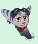  anthro blue_eyes colored_sketch ear_markings ear_piercing eyebrows eyewear facial_markings female fur goggles goggles_on_head green_background hair head_markings headshot_portrait lombax looking_up mammal markings perpetualvelocity piercing pink_nose portrait purple_body purple_fur purple_hair purple_markings ratchet_and_clank rift_apart_lombax signature simple_background solo sony_corporation sony_interactive_entertainment video_games 