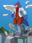  2020 absurd_res andythetanuki anthro arwing avian bird bulge canid canine city clothed clothing destruction duo falco_lombardi fox fox_mccloud hi_res macro male mammal micro nintendo size_difference size_play star_fox stomping video_games walking 