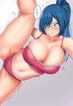  1girl :i absurdres aqua_eyes ass_visible_through_thighs bangs bare_shoulders blue_hair blush breasts camisole cleavage collarbone commentary_request crop_top eyebrows_visible_through_hair flying_sweatdrops glasses hair_between_eyes high_ponytail highres kneepits lace_trim large_breasts leg_lift midriff mole mole_on_breast navel original panties pink_camisole pink_panties rikadoh sidelocks skindentation solo speech_bubble split standing standing_on_one_leg standing_split struggling sweat taut_clothes trembling twitter_username underwear 