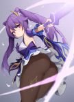  1girl absurdres ass ass_focus bangs black_legwear double_bun dress frilled_skirt frilled_sleeves frills genshin_impact highres keqing kkusak_(kkusag_ks) pantyhose purple_dress purple_eyes purple_hair simple_background skirt slashing solo sword twintails weapon 