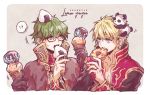  !? 2boys animal_on_head bangs beige_background black-framed_eyewear blonde_hair blue_eyes brown_jacket champion_(ragnarok_online) chest chocolate_syrup collarbone commentary_request dated doughnut eating food food_on_head glasses green_hair hair_between_eyes high_collar high_wizard_(ragnarok_online) highres holding holding_food ice_cream ichimi_(simtysiger) jacket long_sleeves looking_at_another multicolored multicolored_clothes multiple_boys object_on_head on_head onigiri orange_eyes panda ragnarok_online shirt signature simple_background spoken_interrobang sprinkles sweat two-tone_background upper_body upper_teeth white_shirt 