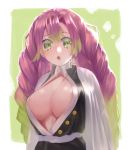  1girl :o absurdres areola_slip areolae braid breasts cleavage cleavage_cutout clothing_cutout gradient_hair green_eyes green_hair highres kanroji_mitsuri kimetsu_no_yaiba large_breasts looking_at_viewer mole mole_under_eye multicolored_hair open_mouth pink_hair solo torriet twin_braids 