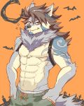  4:5 abs anthro canid canine canis fur harukaze110 male mammal muscular muscular_anthro muscular_male pecs solo tattoo temujin tokyo_afterschool_summoners video_games white_body white_fur wolf 