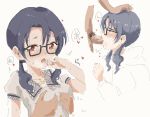  1girl bad_id bad_pixiv_id black-framed_eyewear black_hair breast_grab brown_eyes crying cum cum_in_mouth ears fellatio glasses grabbing hair_grab hood idolmaster idolmaster_million_live! low_twintails oral penis school_uniform swamp_(swampchin) takayama_sayoko trembling twintails white_background 