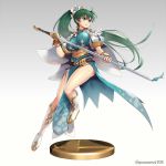  1girl alternate_costume artist_name bangs belt boots breasts cape closed_mouth commentary_request dress earrings fingerless_gloves fire_emblem fire_emblem:_the_blazing_blade fire_emblem_heroes full_body gloves gonzarez gradient gradient_background gradient_clothes green_eyes green_hair hair_ornament highres holding holding_sword holding_weapon jewelry knee_boots lips long_hair looking_away lyn_(fire_emblem) medium_breasts ponytail puffy_short_sleeves puffy_sleeves shiny shiny_hair short_sleeves simple_background solo striped sword thighs tied_hair vertical_stripes weapon white_footwear 
