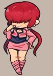  1girl chibi cleavage_cutout clothing_cutout earrings full_body hair_over_eyes hand_on_hip hand_on_own_face ibara. jewelry red_hair shermie_(kof) solo the_king_of_fighters twintails 