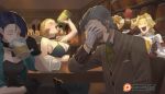  1boy 3girls alcohol bar beer blonde_hair blue_hair bottle brown_hair catherine_(fire_emblem) cup drinking drinking_glass drunk facepalm facial_hair fire_emblem fire_emblem:_three_houses gloves green_little grey_hair hanneman_von_essar manuela_casagranda mug multiple_girls mustache open_mouth shamir_nevrand sitting smile wine_bottle 