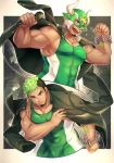  1boy bara bare_arms black_hair bulge chest collarbone covered_abs covered_navel covered_nipples dark_skin dark_skinned_male facial_hair goatee gozu_farm green_eyes green_hair highres holding holding_microphone horned_mask jacket jacket_on_shoulders male_focus mask mask_removed microphone multicolored_hair multiple_views muscle short_hair sideburns taurus_mask thick_thighs thighs tight tokyo_houkago_summoners two-tone_hair upper_body wrestling_mask wrestling_outfit 