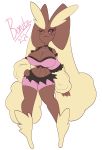  big_breasts blush bottomwear breasts cleavage clothed clothing english_text female hi_res hotpants looking_at_viewer lopunny midriff nintendo one_eye_closed pok&eacute;mon pok&eacute;mon_(species) shorts solo solratic text video_games wink 