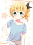  1girl artist_name bangs black_ribbon blonde_hair blue_eyes blue_shirt chestnut_mouth collarbone commentary_request deyui eyebrows_visible_through_hair floral_background front-tie_top gochuumon_wa_usagi_desu_ka? hair_ribbon hand_on_hip kirima_sharo looking_at_viewer parted_lips petals ribbon shirt short_sleeves shorts side_ponytail signature solo tied_shirt white_shorts 